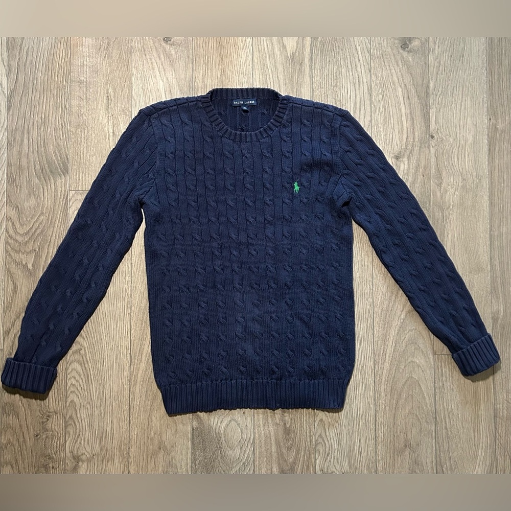 Polo Ralph Lauren Cable Knit Navy Sweater 100% Cotton Green Size label L fits M